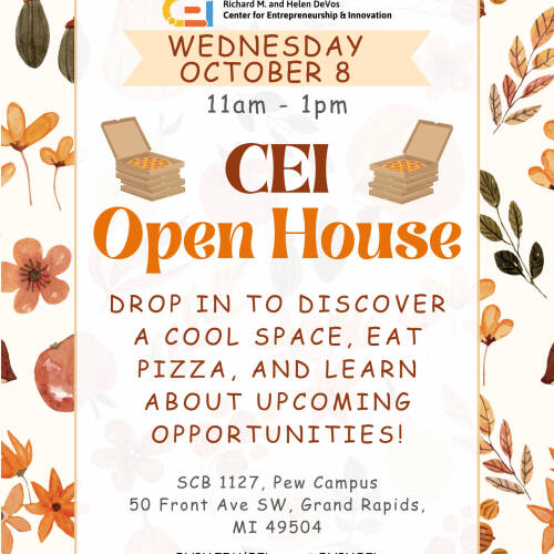 Come join the Center for Entrenpreneurship and Innovation for an open house event featuring free pizza on Wednesday, October 8, 2025. Located in the CEI Office in SCB 1127 on Pew Campus.